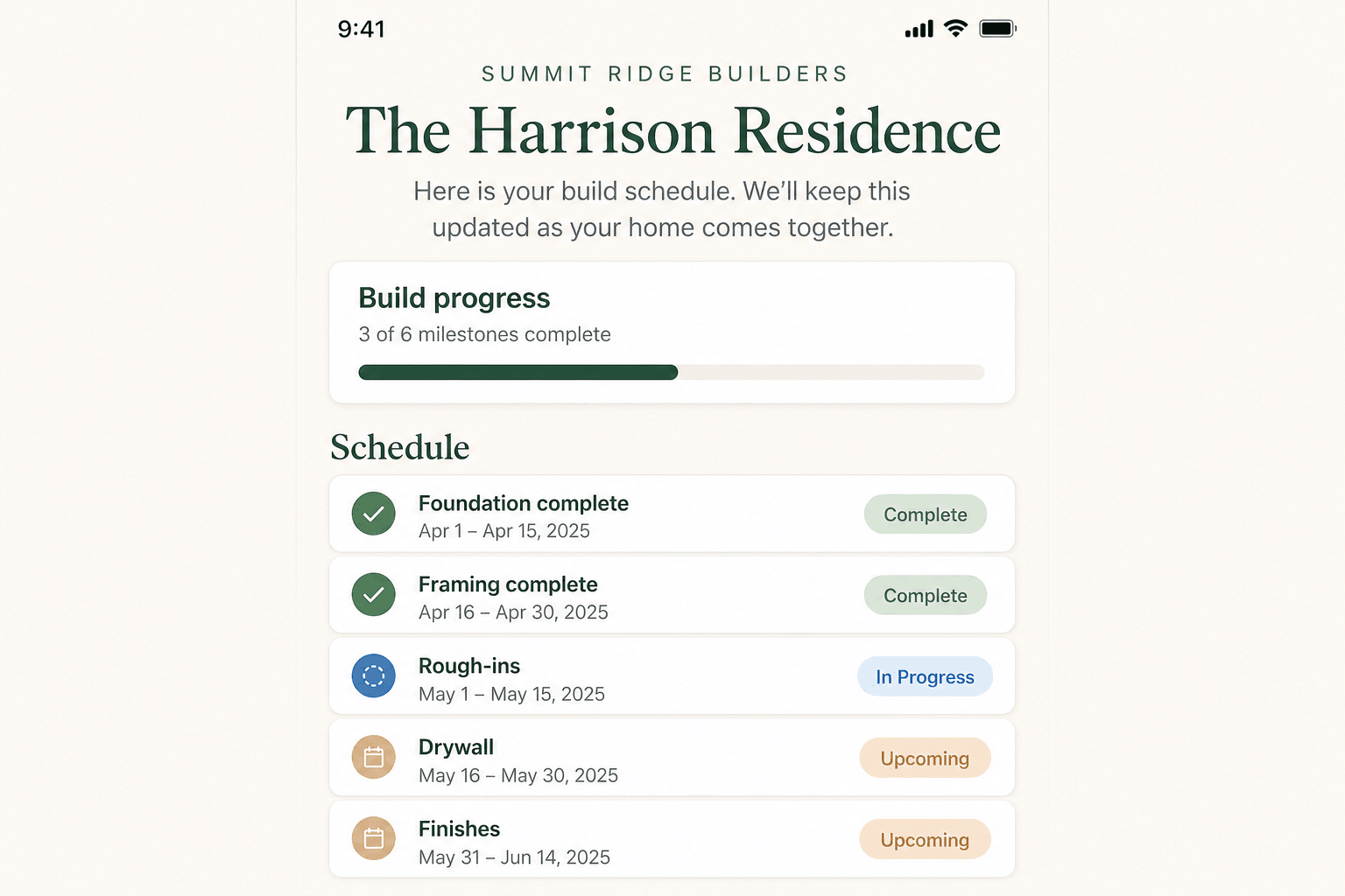 Homeowner-facing build schedule on a phone showing milestones with Complete, In Progress, and Upcoming statuses